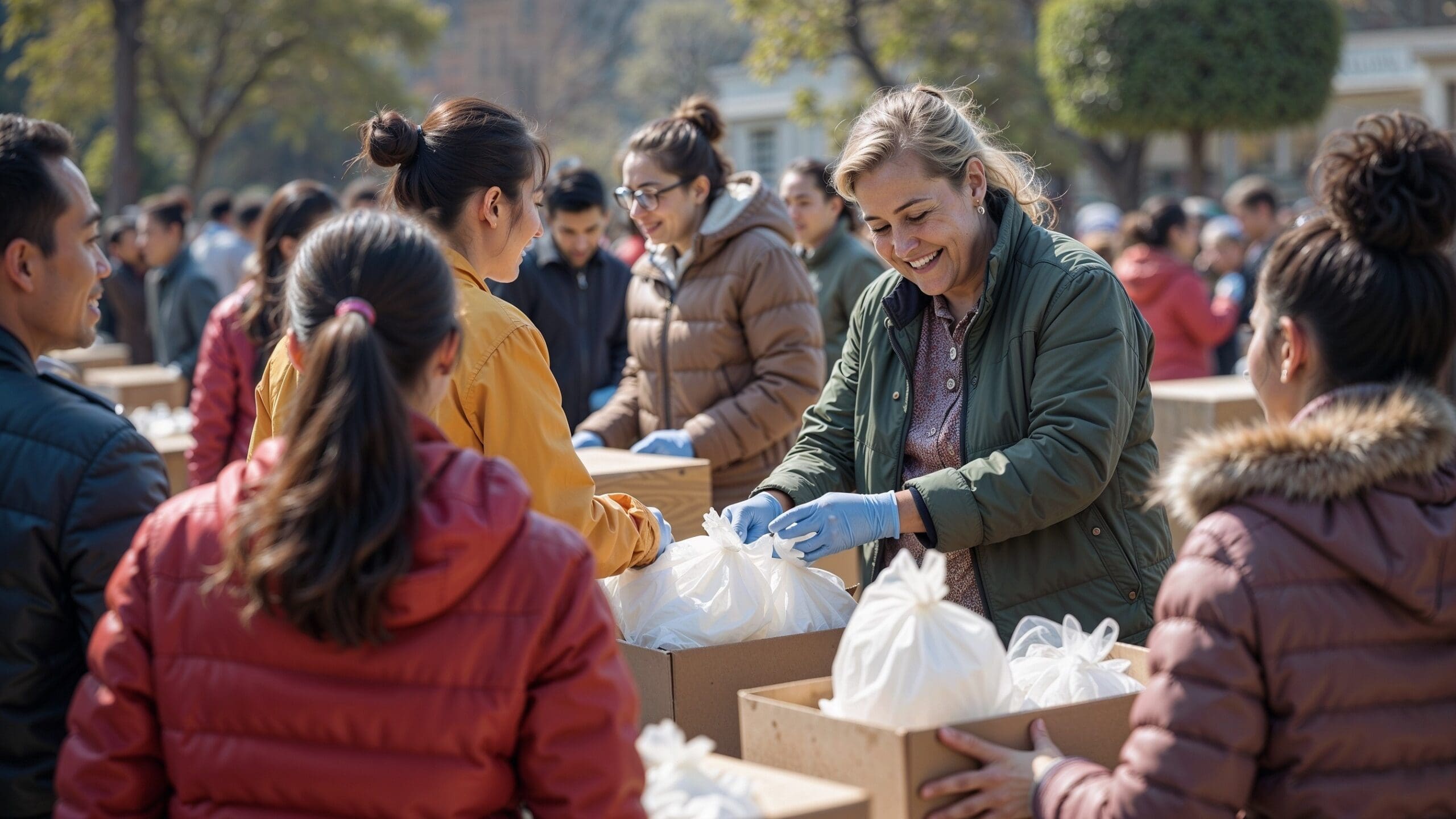 Volunteers distribute food and essential supplies to community members during a local outreach and food assistance event.